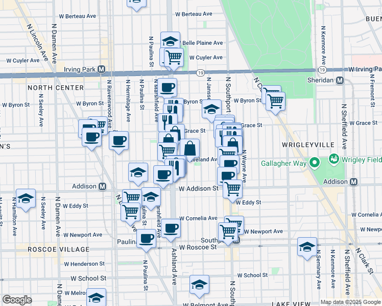 map of restaurants, bars, coffee shops, grocery stores, and more near 3703 North Bosworth Avenue in Chicago