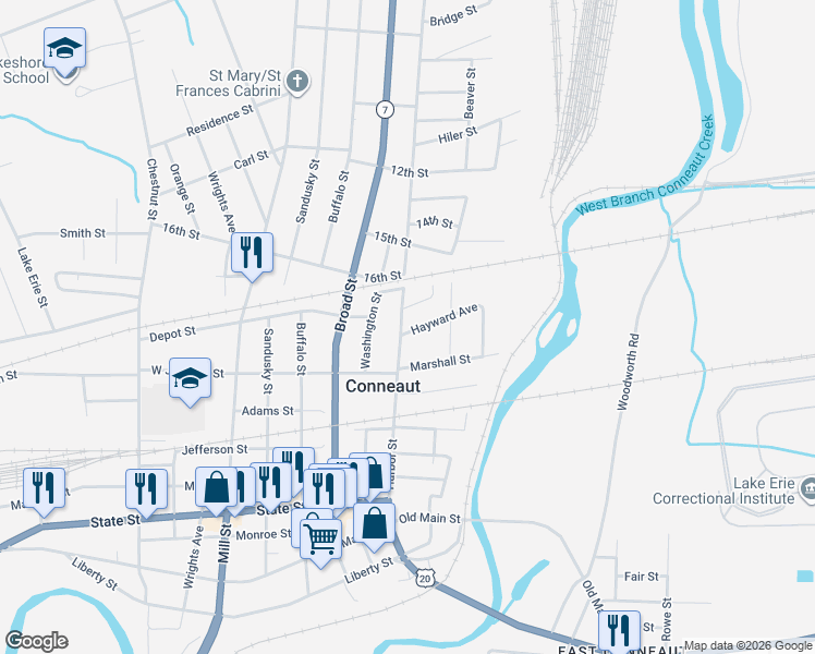 map of restaurants, bars, coffee shops, grocery stores, and more near 414 Harbor Street in Conneaut