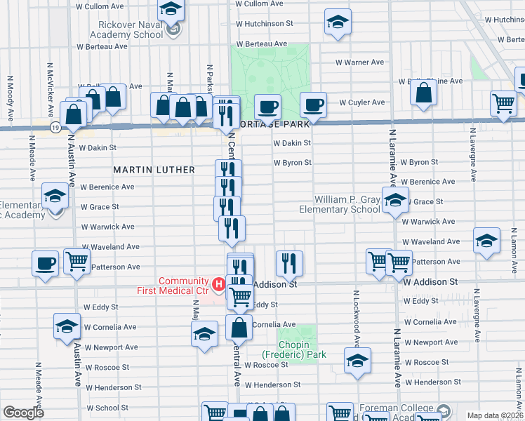 map of restaurants, bars, coffee shops, grocery stores, and more near 5510 West Warwick Avenue in Chicago