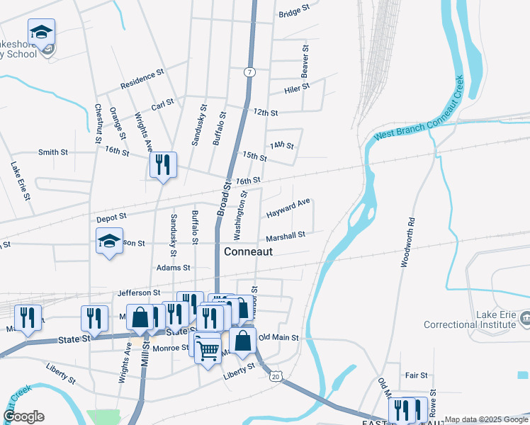 map of restaurants, bars, coffee shops, grocery stores, and more near 410 Harbor Street in Conneaut