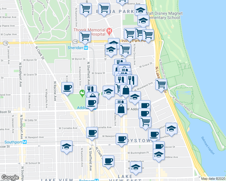 map of restaurants, bars, coffee shops, grocery stores, and more near 851 West Waveland Avenue in Chicago