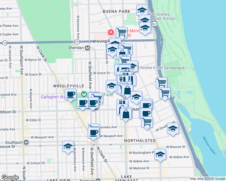 map of restaurants, bars, coffee shops, grocery stores, and more near 842 West Waveland Avenue in Chicago