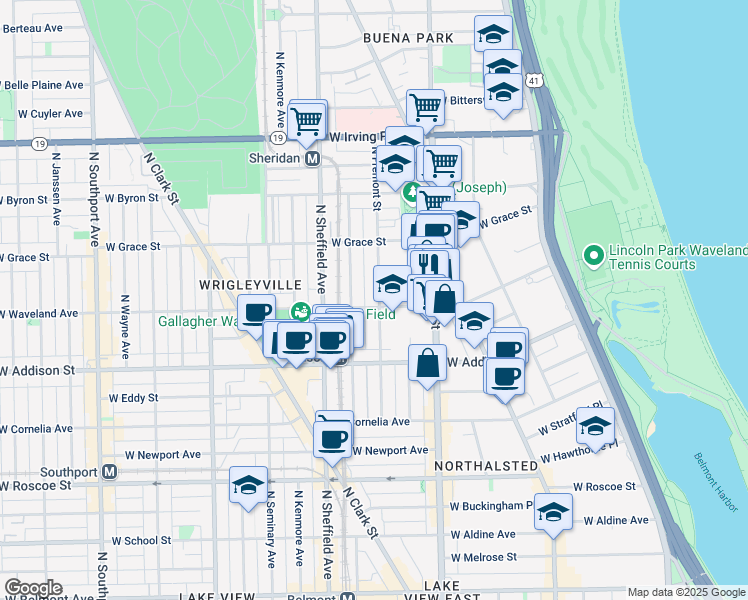 map of restaurants, bars, coffee shops, grocery stores, and more near 3656 North Fremont Street in Chicago