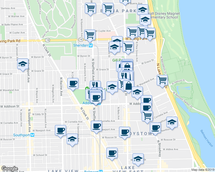 map of restaurants, bars, coffee shops, grocery stores, and more near 3656 North Fremont Street in Chicago