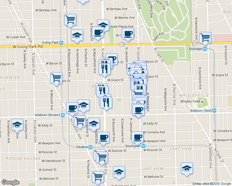 map of restaurants, bars, coffee shops, grocery stores, and more near 3703 North Bosworth Avenue in Chicago