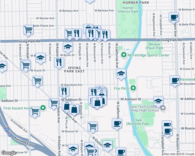 map of restaurants, bars, coffee shops, grocery stores, and more near 3712 North Richmond Street in Chicago