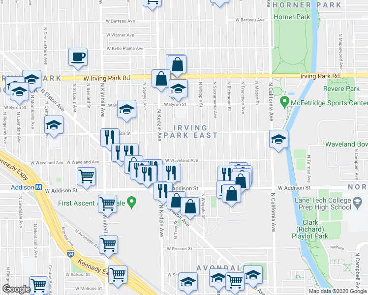 map of restaurants, bars, coffee shops, grocery stores, and more near 3715 North Troy Street in Chicago