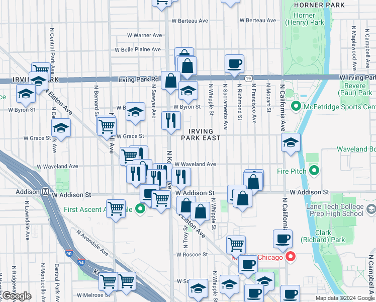 map of restaurants, bars, coffee shops, grocery stores, and more near 3715 North Troy Street in Chicago