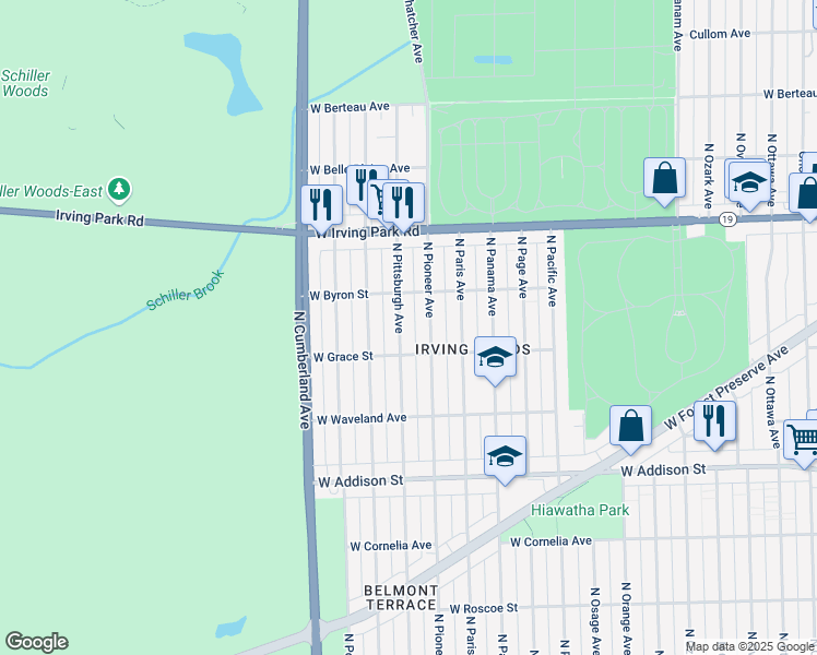 map of restaurants, bars, coffee shops, grocery stores, and more near 3815 North Pittsburgh Avenue in Chicago