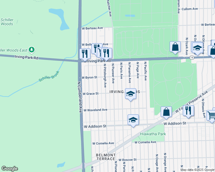 map of restaurants, bars, coffee shops, grocery stores, and more near 3815 North Pittsburgh Avenue in Chicago