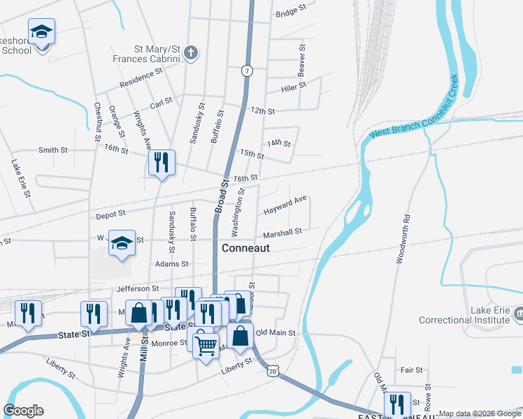 map of restaurants, bars, coffee shops, grocery stores, and more near 414 Harbor Street in Conneaut