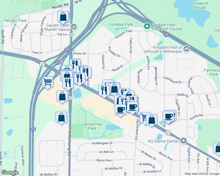 map of restaurants, bars, coffee shops, grocery stores, and more near 1580 W Lake St in Addison