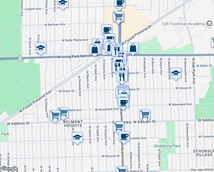map of restaurants, bars, coffee shops, grocery stores, and more near 3800 North Oconto Avenue in Chicago