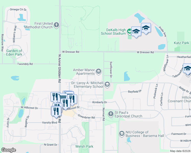 map of restaurants, bars, coffee shops, grocery stores, and more near 807 Ridge Drive in DeKalb