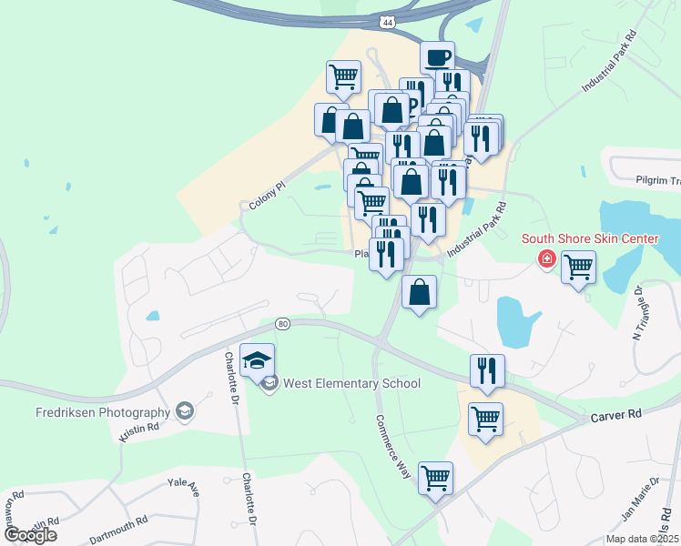 map of restaurants, bars, coffee shops, grocery stores, and more near 25 Plaza Way in Plymouth