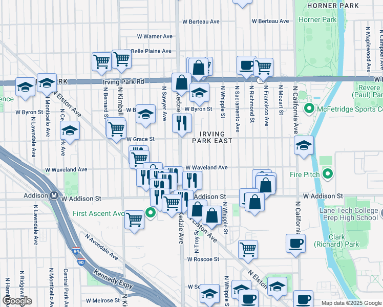 map of restaurants, bars, coffee shops, grocery stores, and more near 3726 North Troy Street in Chicago