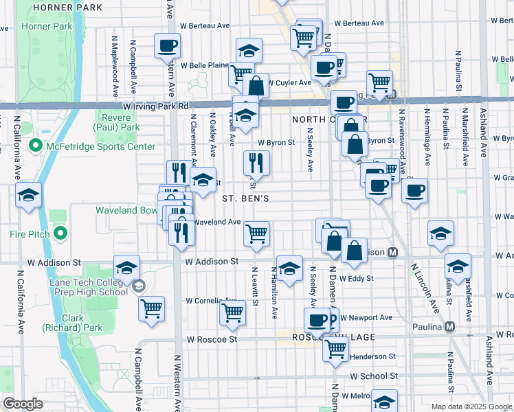 map of restaurants, bars, coffee shops, grocery stores, and more near 3719 North Leavitt Street in Chicago