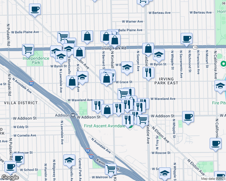 map of restaurants, bars, coffee shops, grocery stores, and more near N Elston Ave & N Kimball Ave in Chicago