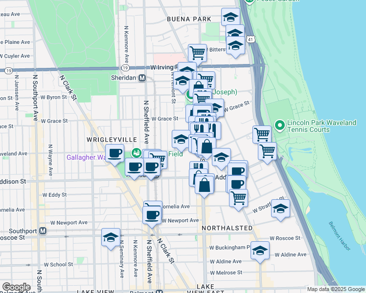 map of restaurants, bars, coffee shops, grocery stores, and more near 842 West Waveland Avenue in Chicago
