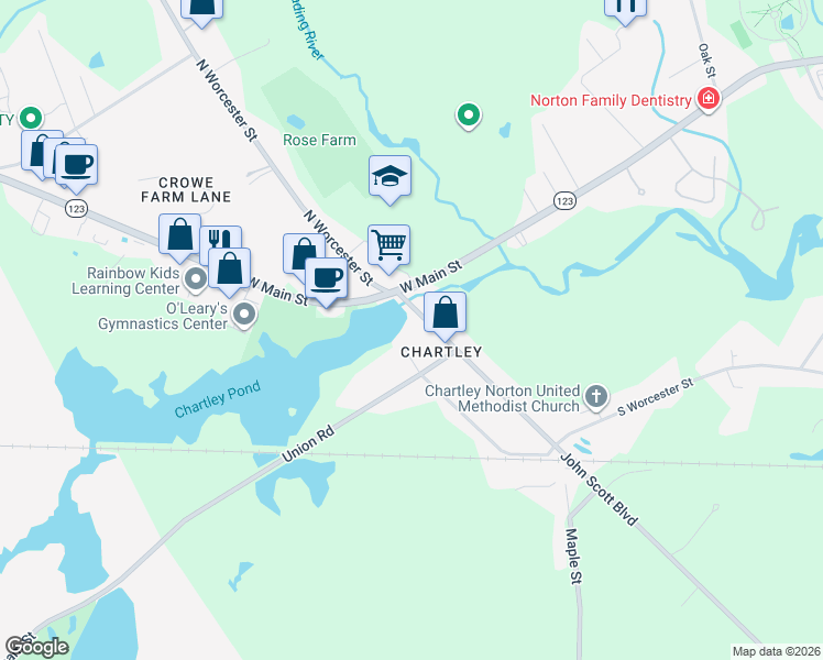 map of restaurants, bars, coffee shops, grocery stores, and more near 54 Sturdy Street in Norton