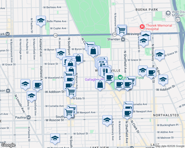 map of restaurants, bars, coffee shops, grocery stores, and more near 3711 North Magnolia Avenue in Chicago