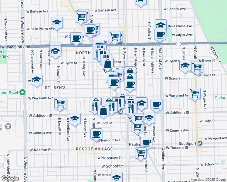 map of restaurants, bars, coffee shops, grocery stores, and more near 3705 North Lincoln Avenue in Chicago