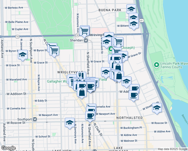 map of restaurants, bars, coffee shops, grocery stores, and more near 3706 North Wilton Avenue in Chicago