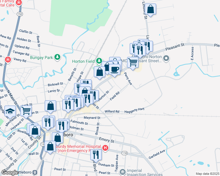 map of restaurants, bars, coffee shops, grocery stores, and more near 33 Horton Street in Attleboro