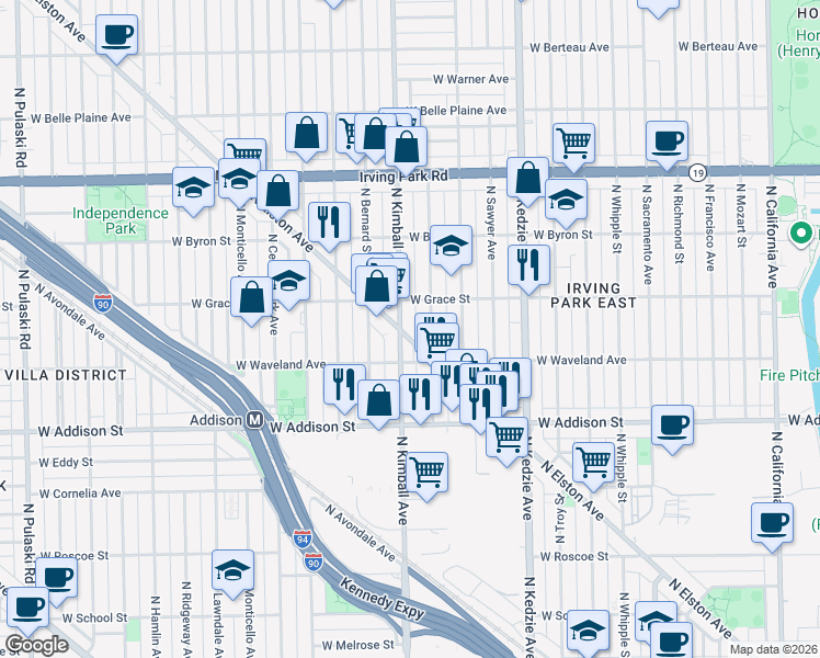 map of restaurants, bars, coffee shops, grocery stores, and more near 3735 North Kimball Avenue in Chicago