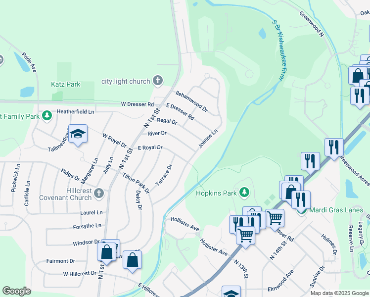 map of restaurants, bars, coffee shops, grocery stores, and more near 405 East Royal Drive in DeKalb