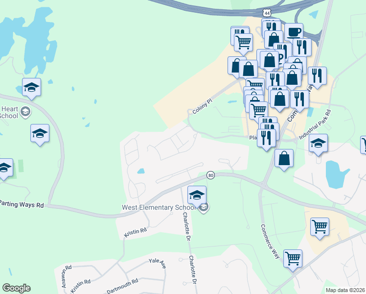 map of restaurants, bars, coffee shops, grocery stores, and more near Sterling Boulevard in Plymouth
