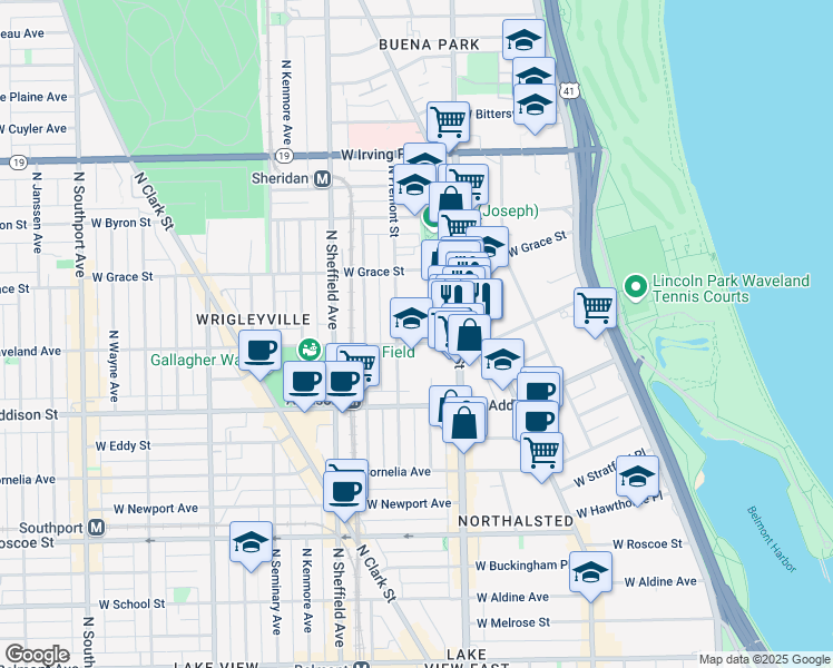 map of restaurants, bars, coffee shops, grocery stores, and more near 842 West Waveland Avenue in Chicago