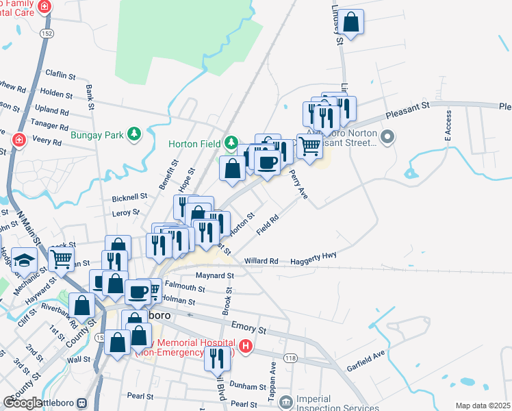 map of restaurants, bars, coffee shops, grocery stores, and more near 33 Horton Street in Attleboro