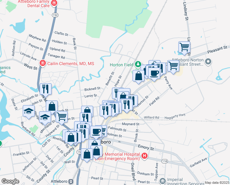 map of restaurants, bars, coffee shops, grocery stores, and more near 15 Hope Street in Attleboro
