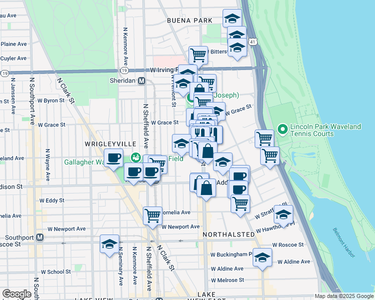 map of restaurants, bars, coffee shops, grocery stores, and more near 842 West Waveland Avenue in Chicago