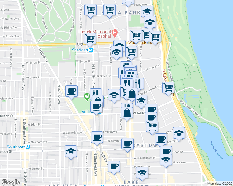 map of restaurants, bars, coffee shops, grocery stores, and more near 842 West Waveland Avenue in Chicago