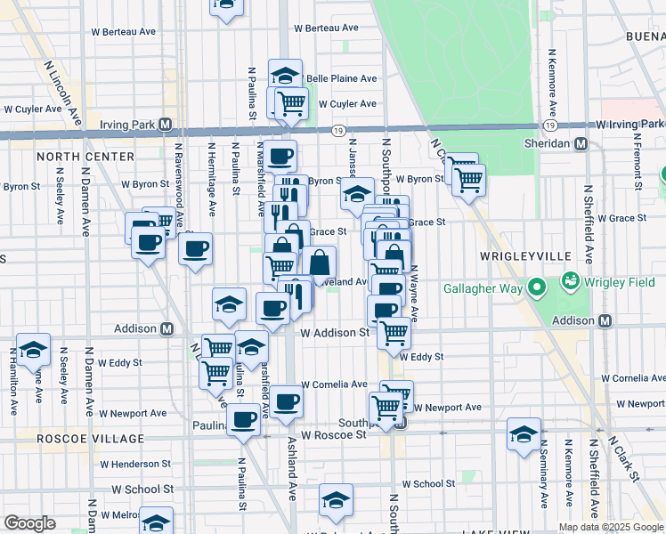 map of restaurants, bars, coffee shops, grocery stores, and more near 3703 North Bosworth Avenue in Chicago