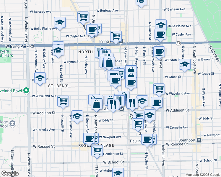 map of restaurants, bars, coffee shops, grocery stores, and more near 1906 West Waveland Avenue in Chicago