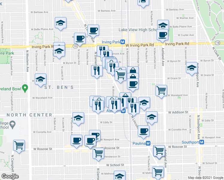 map of restaurants, bars, coffee shops, grocery stores, and more near 1900 West Waveland Avenue in Chicago