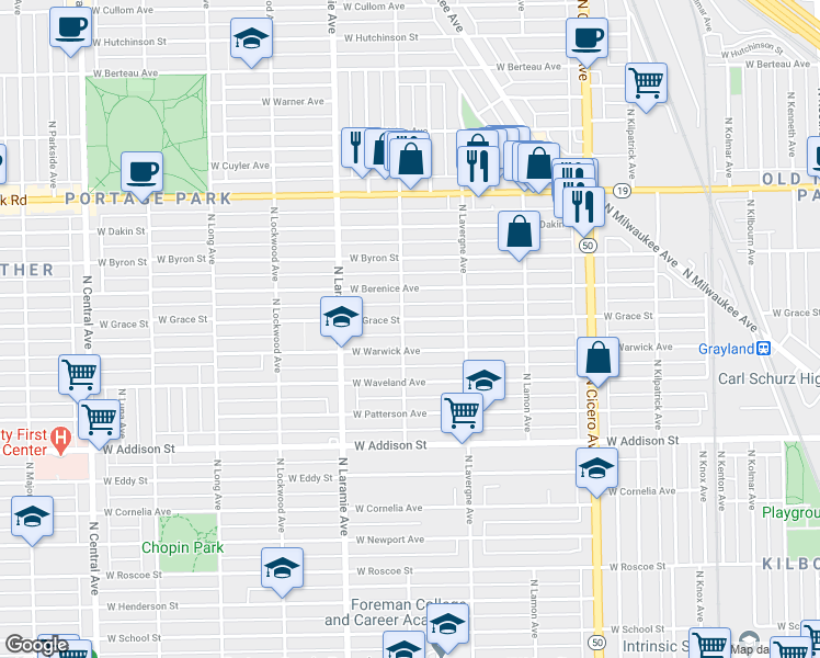 map of restaurants, bars, coffee shops, grocery stores, and more near 3737 North Leclaire Avenue in Chicago