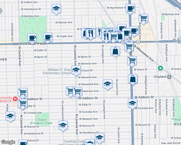 map of restaurants, bars, coffee shops, grocery stores, and more near 3737 North Leclaire Avenue in Chicago
