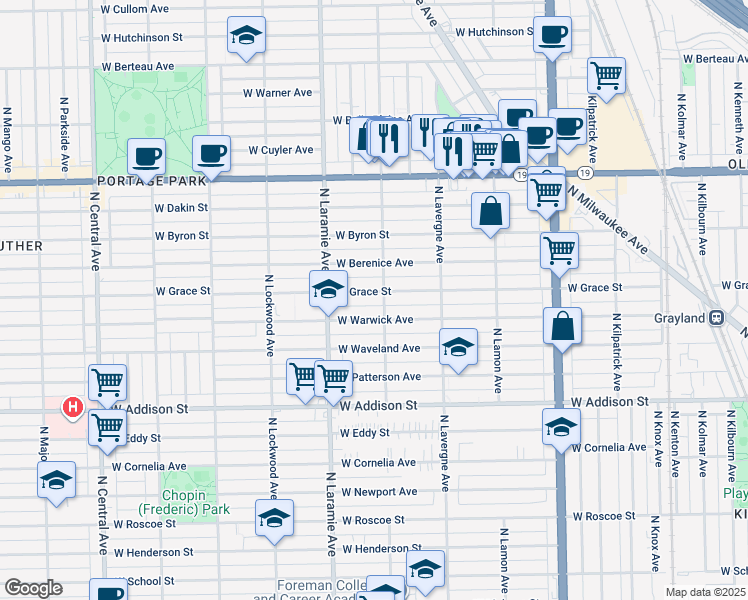 map of restaurants, bars, coffee shops, grocery stores, and more near 3737 North Leclaire Avenue in Chicago
