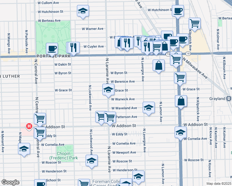 map of restaurants, bars, coffee shops, grocery stores, and more near 5140 West Warwick Avenue in Chicago