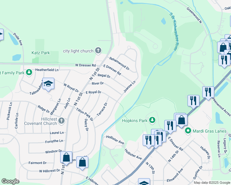 map of restaurants, bars, coffee shops, grocery stores, and more near 405 East Royal Drive in DeKalb