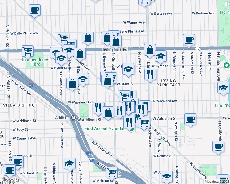 map of restaurants, bars, coffee shops, grocery stores, and more near 3731 North Elston Avenue in Chicago