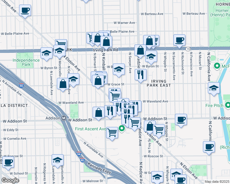 map of restaurants, bars, coffee shops, grocery stores, and more near 3717 North Christiana Avenue in Chicago