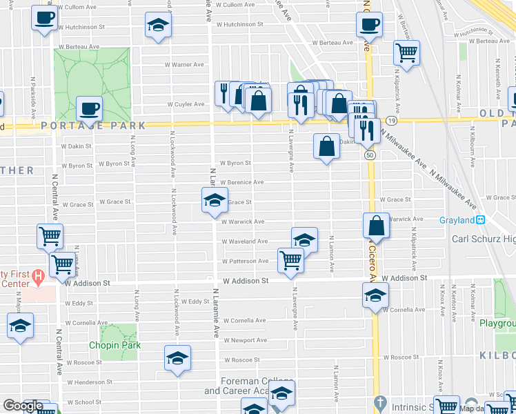 map of restaurants, bars, coffee shops, grocery stores, and more near 5055 West Grace Street in Chicago