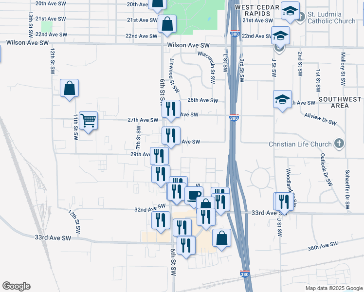 map of restaurants, bars, coffee shops, grocery stores, and more near 2811 Cory Court Southwest in Cedar Rapids