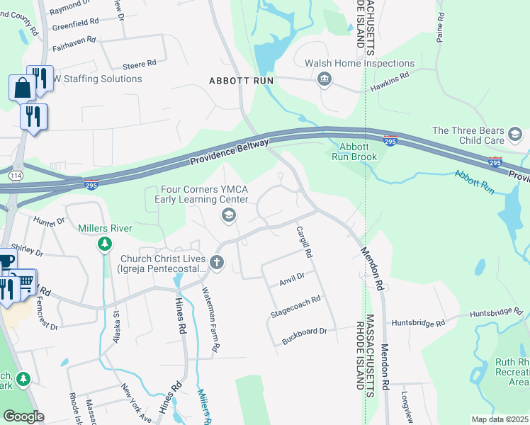 map of restaurants, bars, coffee shops, grocery stores, and more near 2 Cider Court in Cumberland