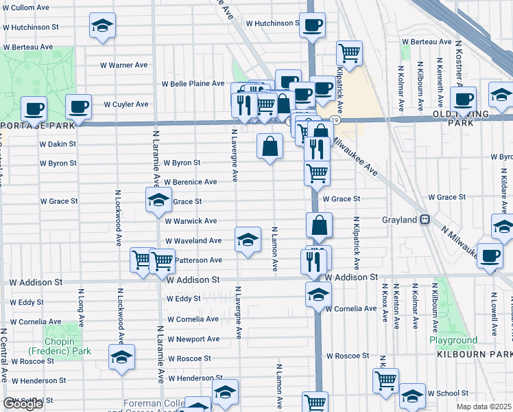 map of restaurants, bars, coffee shops, grocery stores, and more near 4944 West Warwick Avenue in Chicago